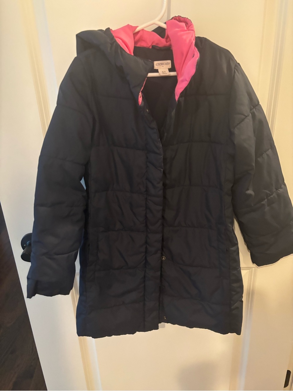 Crewcuts Navy Puffer Coat with Pink Hood Lining